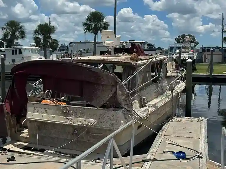 Damaged boat at dock