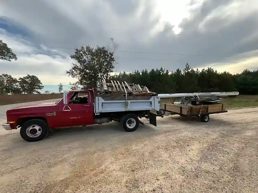 Red hauling truck with trailer